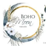 Boho Round Floral Frame with Blue Moon